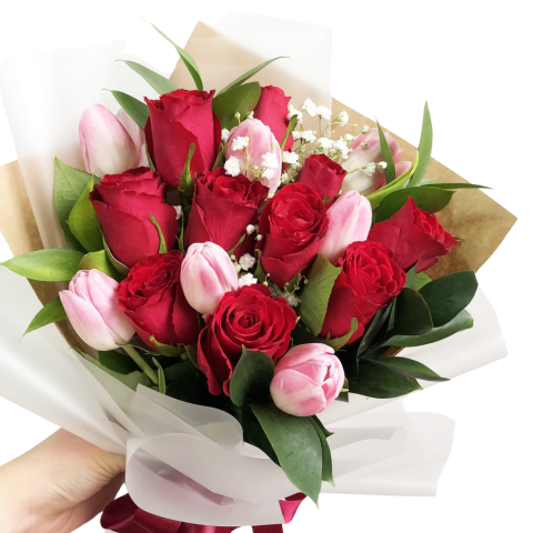 Red roses and Pink tulips Bouquet