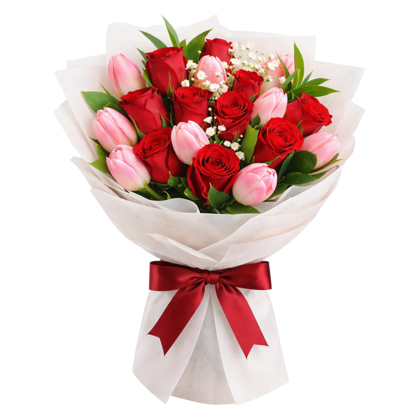 Red roses and Pink tulips Bouquet